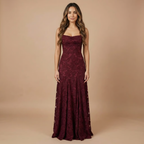 Elegant floral lace maxi dress for women, featuring spaghetti straps, perfect for wedding guests by Harrow.