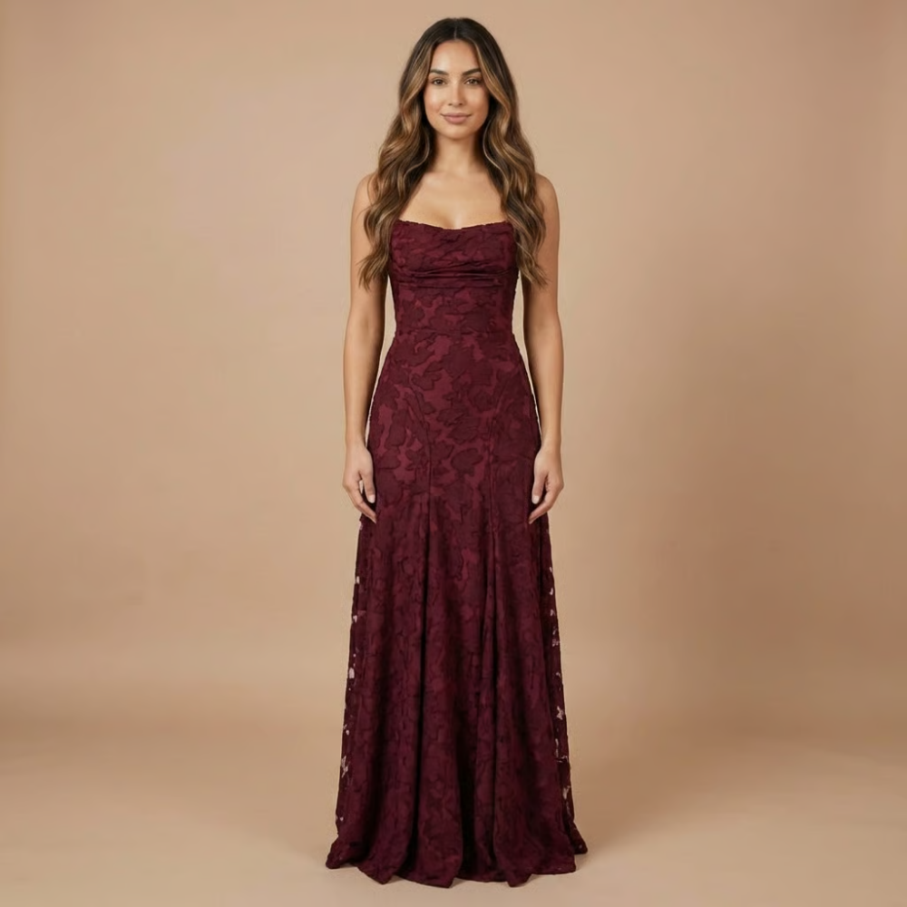 Elegant floral lace maxi dress for women, featuring spaghetti straps, perfect for wedding guests by Harrow.