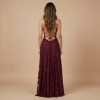 Elegant floral lace maxi dress for women, featuring spaghetti straps, perfect for wedding guests by Harrow.