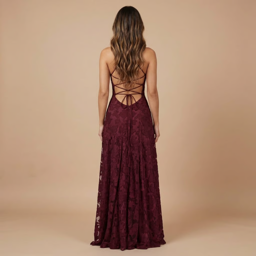 Elegant floral lace maxi dress for women, featuring spaghetti straps, perfect for wedding guests by Harrow.