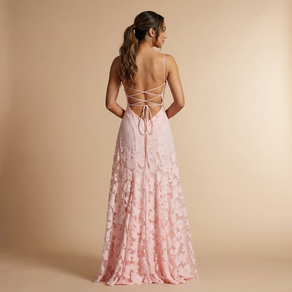 Harrow Elara elegant floral lace maxi dress for women, featuring spaghetti straps, ideal for wedding guests.