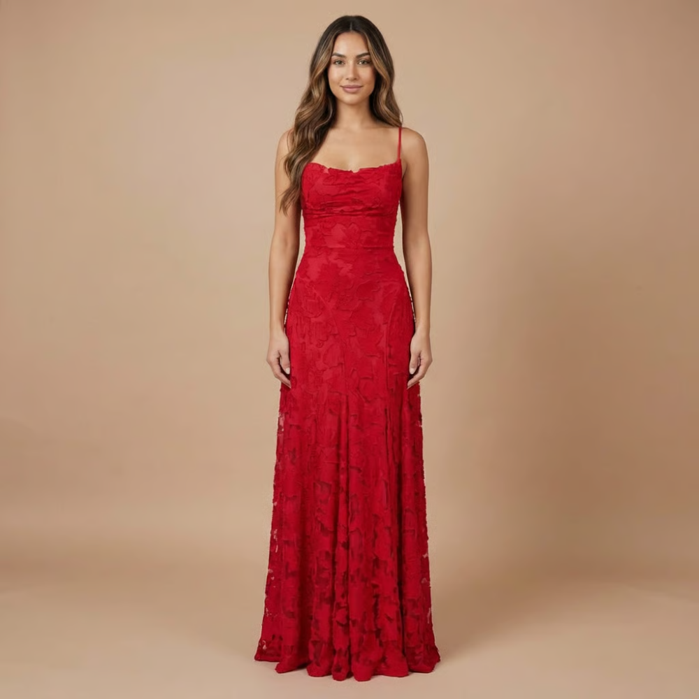 Elegant floral lace maxi dress for women, with spaghetti straps, designed by Harrow for wedding guests.