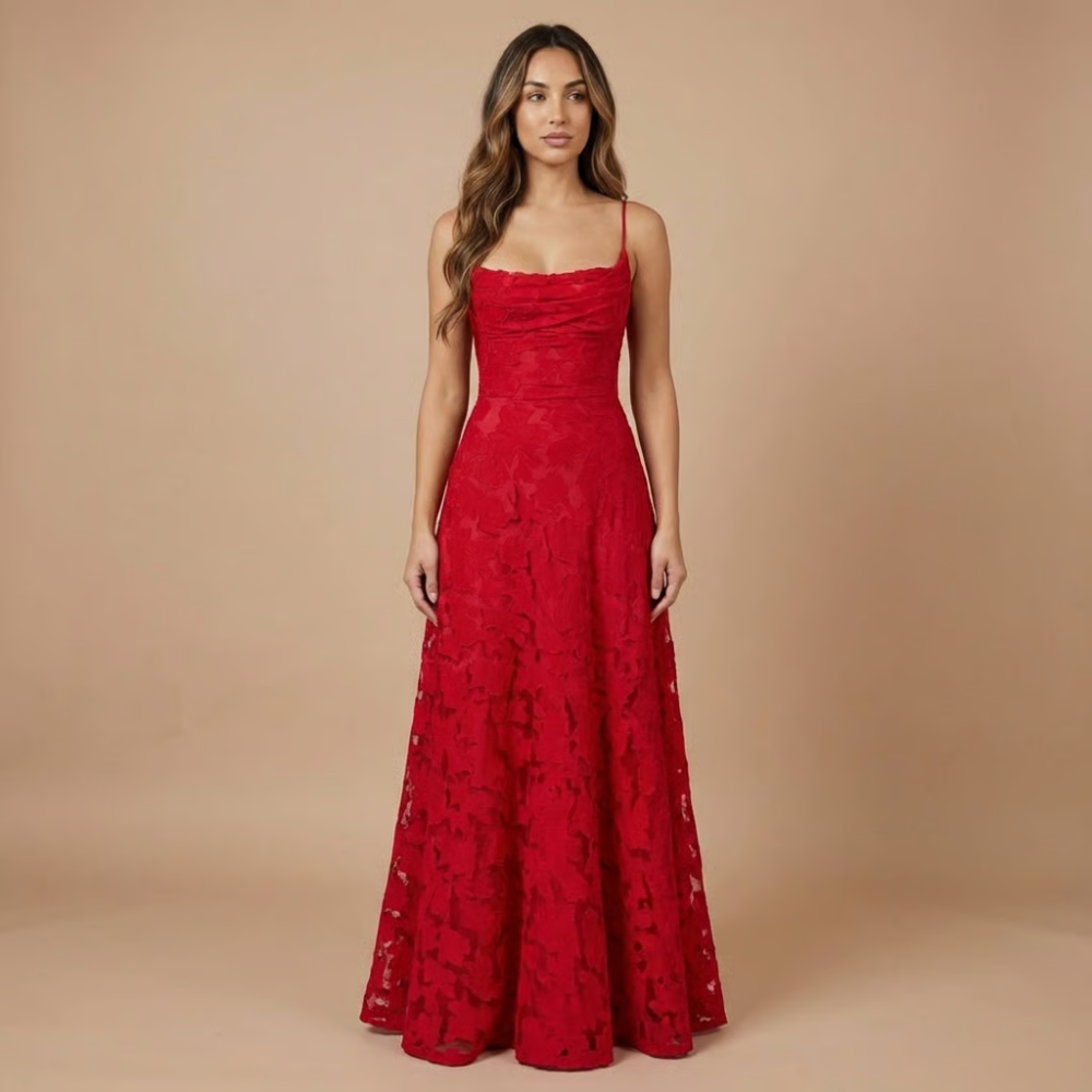 Elegant floral lace maxi dress for women, designed by Harrow, featuring spaghetti straps perfect for wedding guest attire.