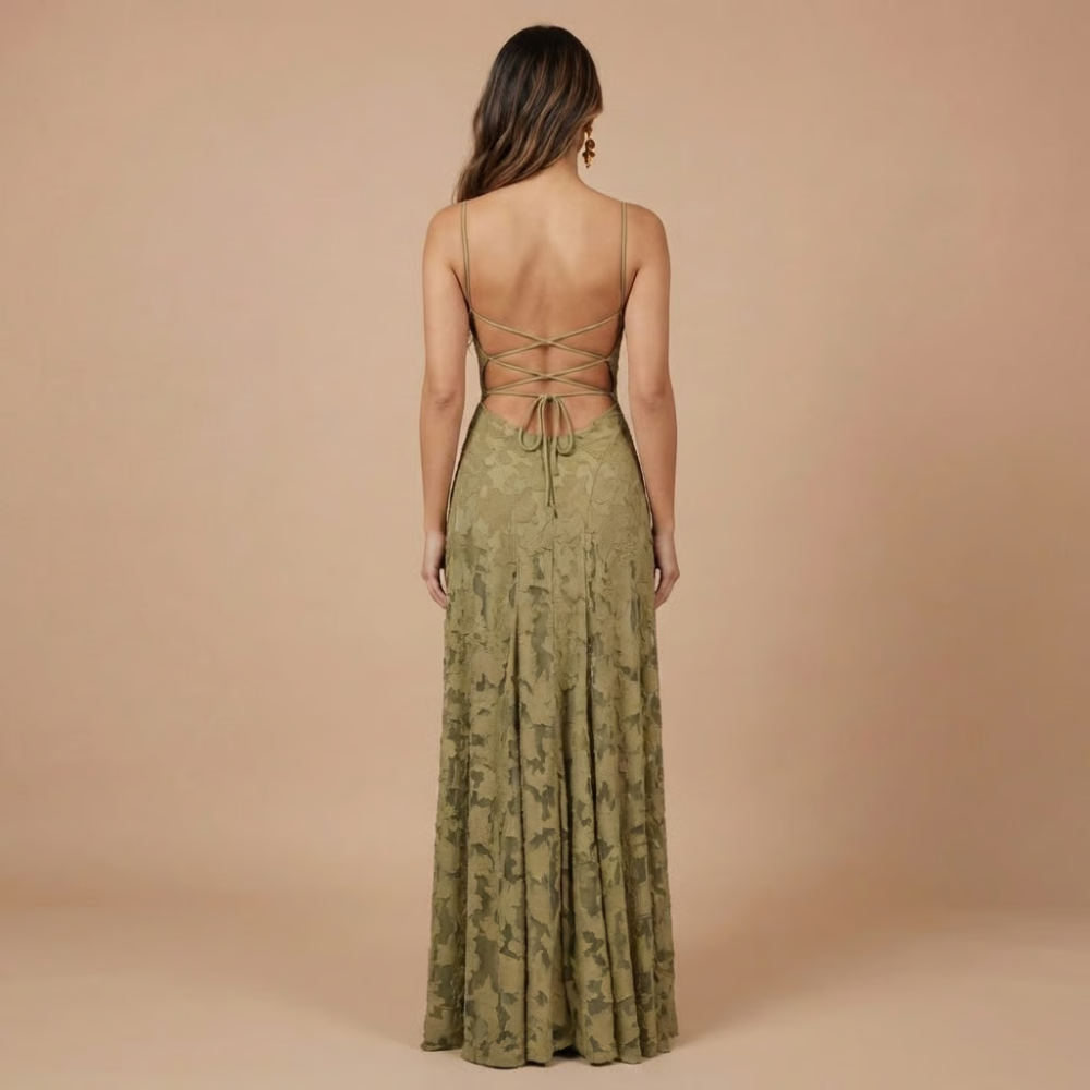 Elegant lace maxi dress for women by Harrow, featuring floral lace design, spaghetti straps, perfect for wedding guests.