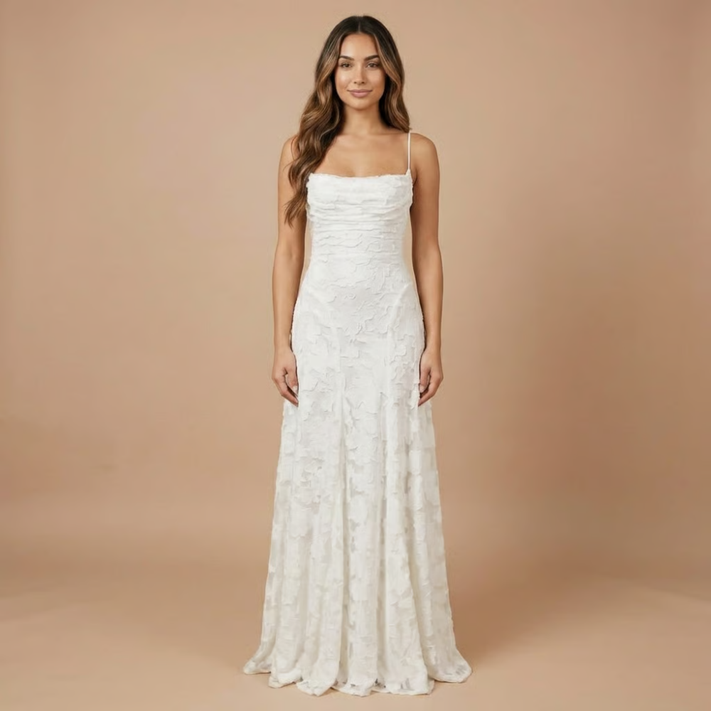 Elegant lace maxi dress by Harrow for women, featuring floral lace and spaghetti straps, perfect for wedding guests.