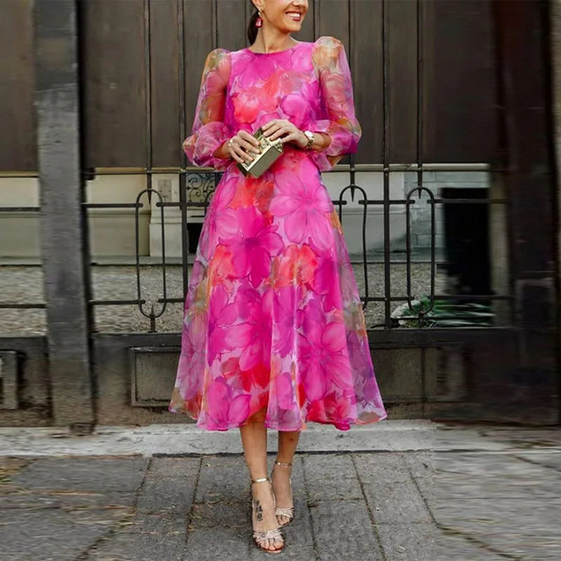 Harrow Elise floral midi dress for women, long sleeve wedding guest dress with dreamy floral pattern and elegant design.