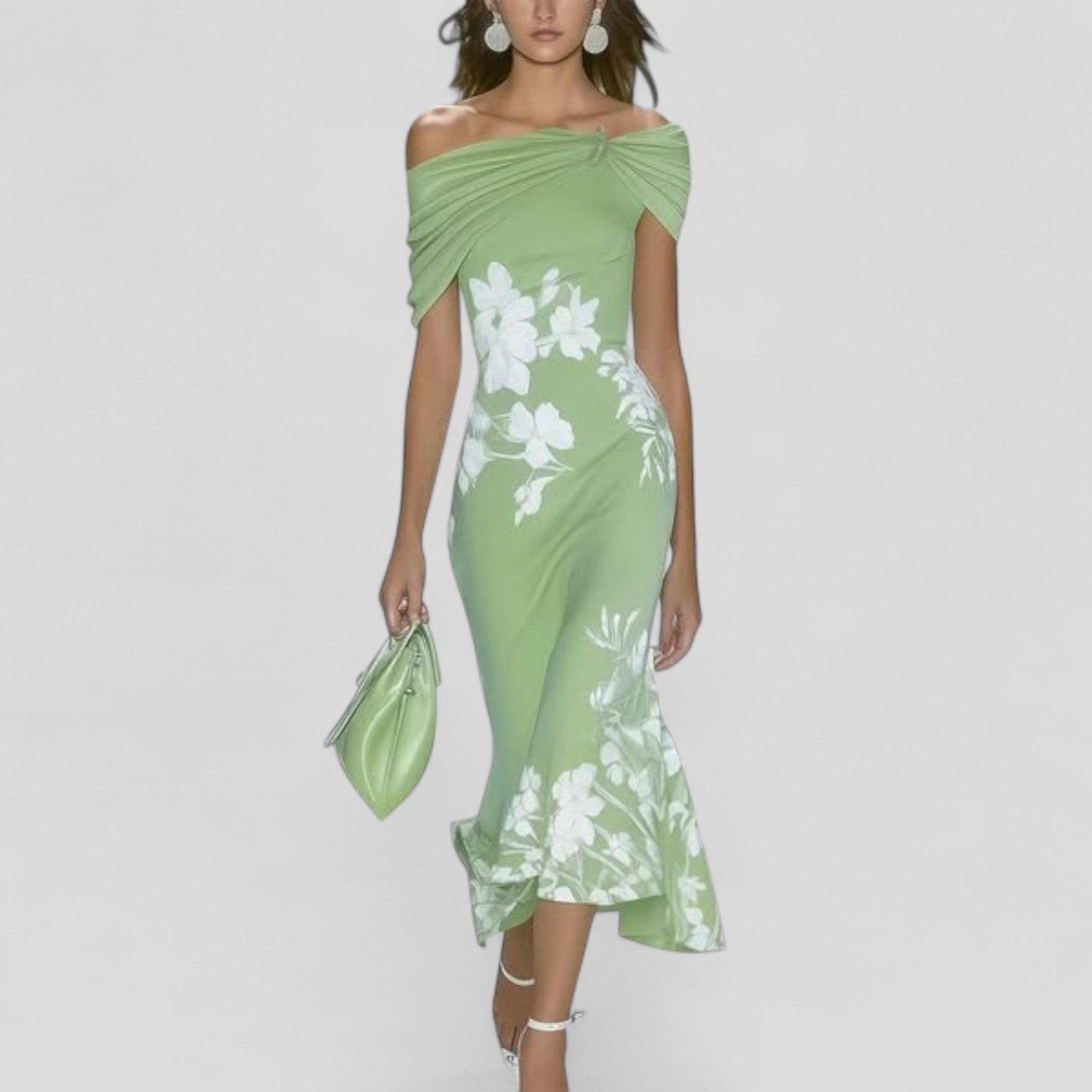 Women wearing the Harrow Eliza floral midi dress with off-shoulder design, perfect for wedding guests.