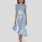Women wearing the Harrow Eliza floral midi dress, off-shoulder design, perfect for wedding guests.