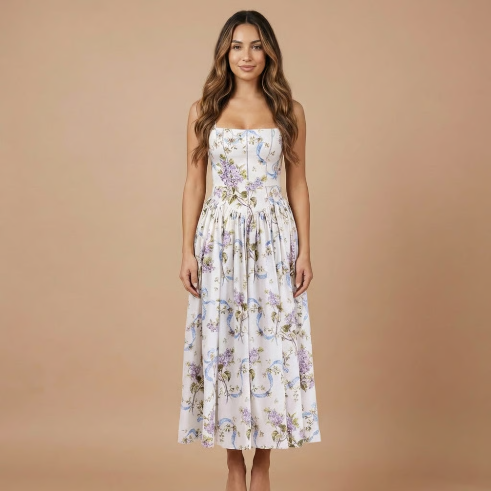 Harrow Eloise floral midi dress for women, featuring a straight neckline, perfect for wedding guests and special occasions.