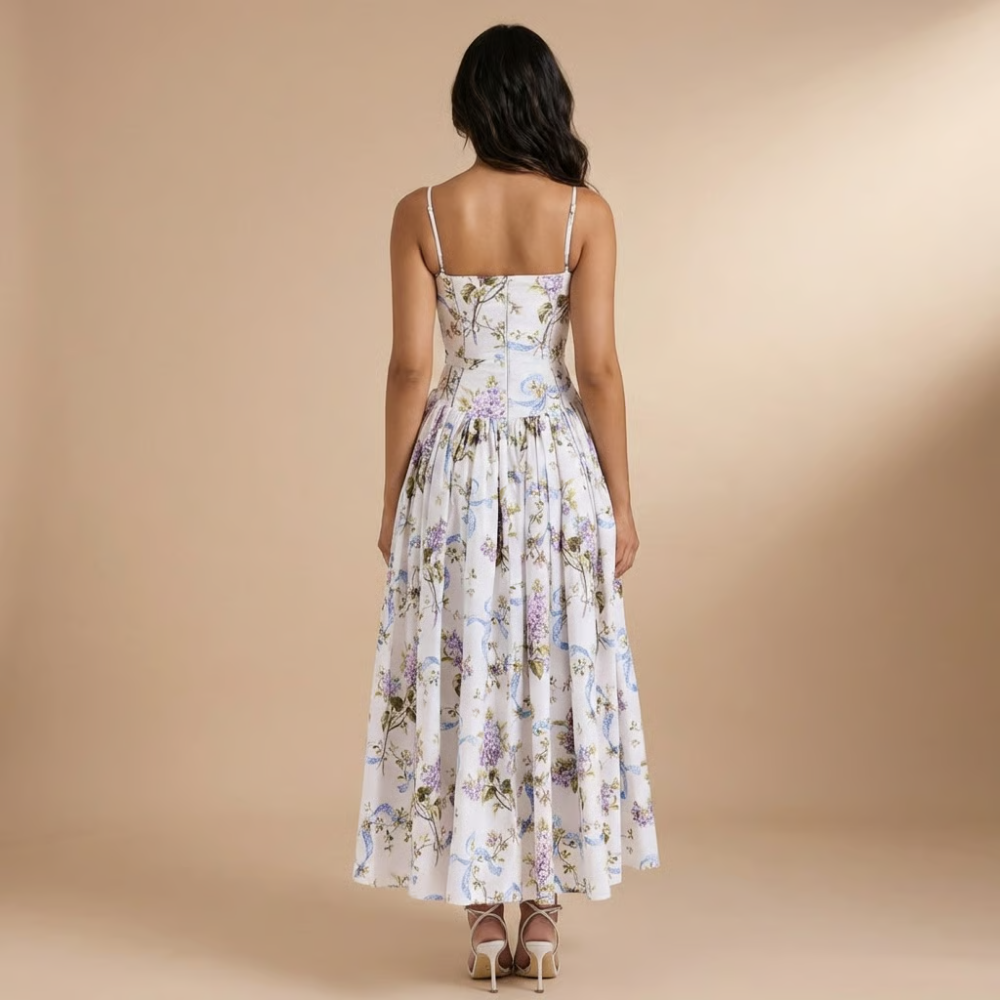 Harrow Eloise floral midi dress for women, featuring a straight neckline and elegant design, ideal for wedding guest attire.