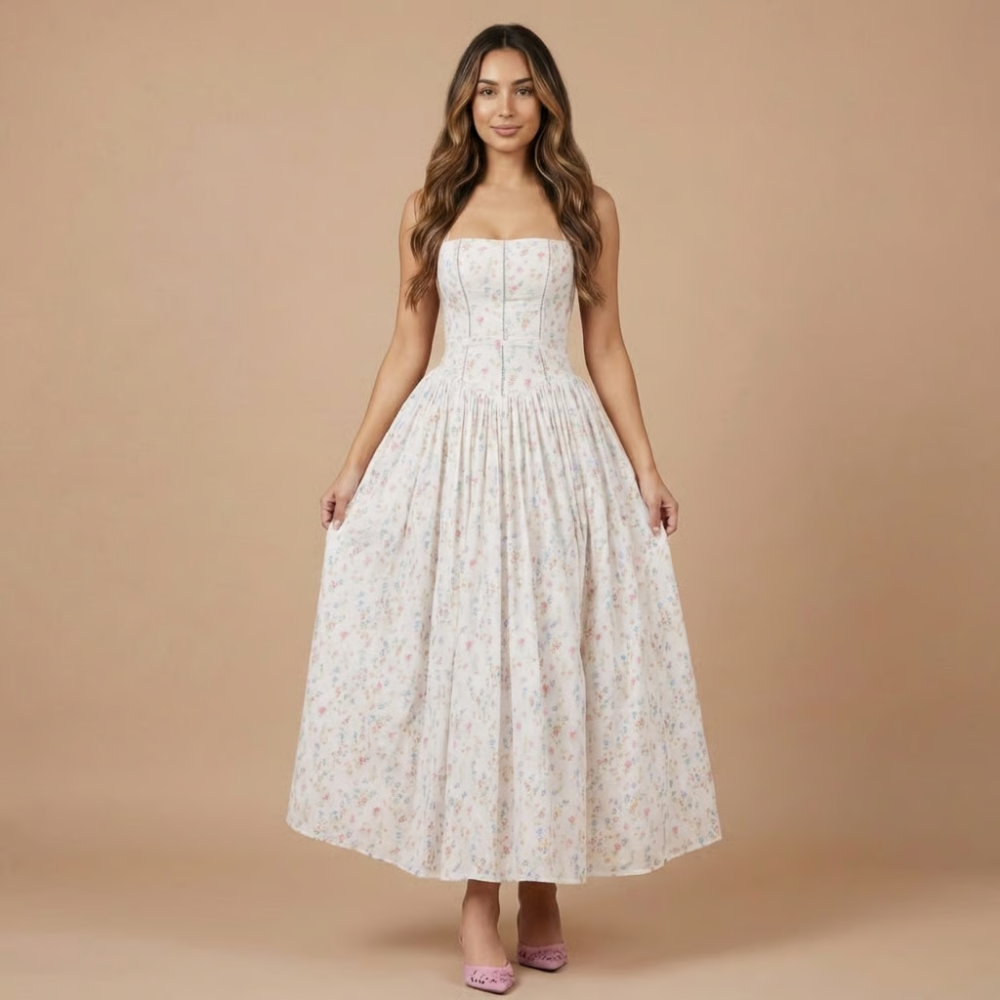 Harrow Eloise floral midi dress for women, featuring a straight neckline and elegant design, perfect for wedding guest attire.