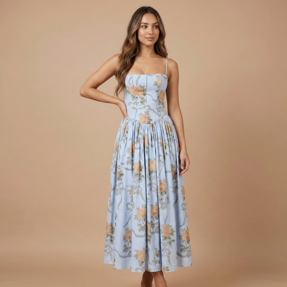 Harrow Eloise floral midi dress for women, featuring a straight neckline and elegant design perfect for wedding guests.