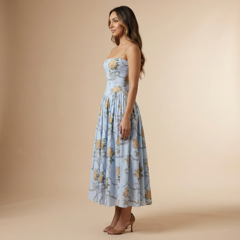 Harrow Eloise floral midi dress for women, featuring a straight neck design, perfect for wedding guest occasions.