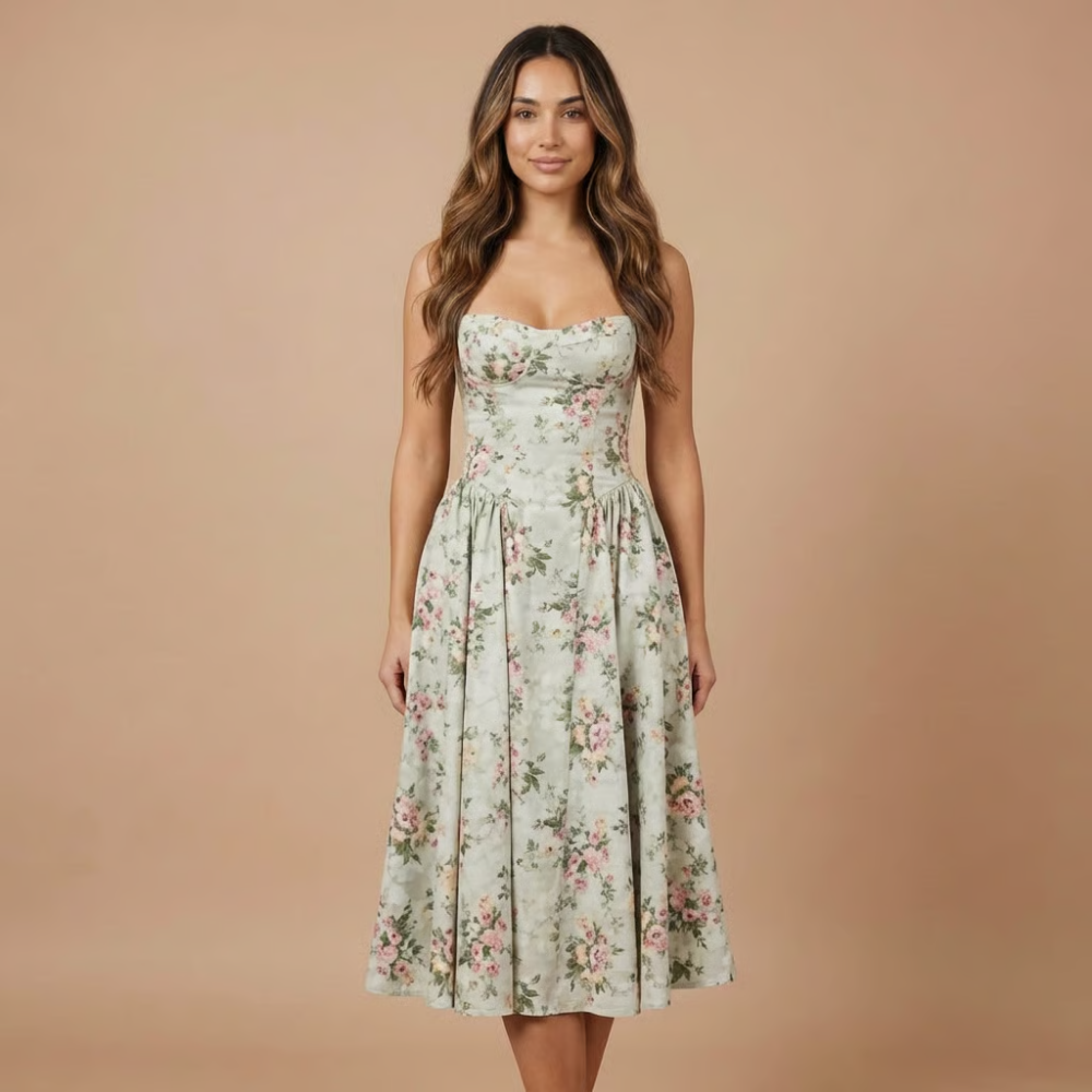 Harrow Eloise floral midi dress for women, featuring a straight neckline and elegant design, perfect for wedding guest attire.