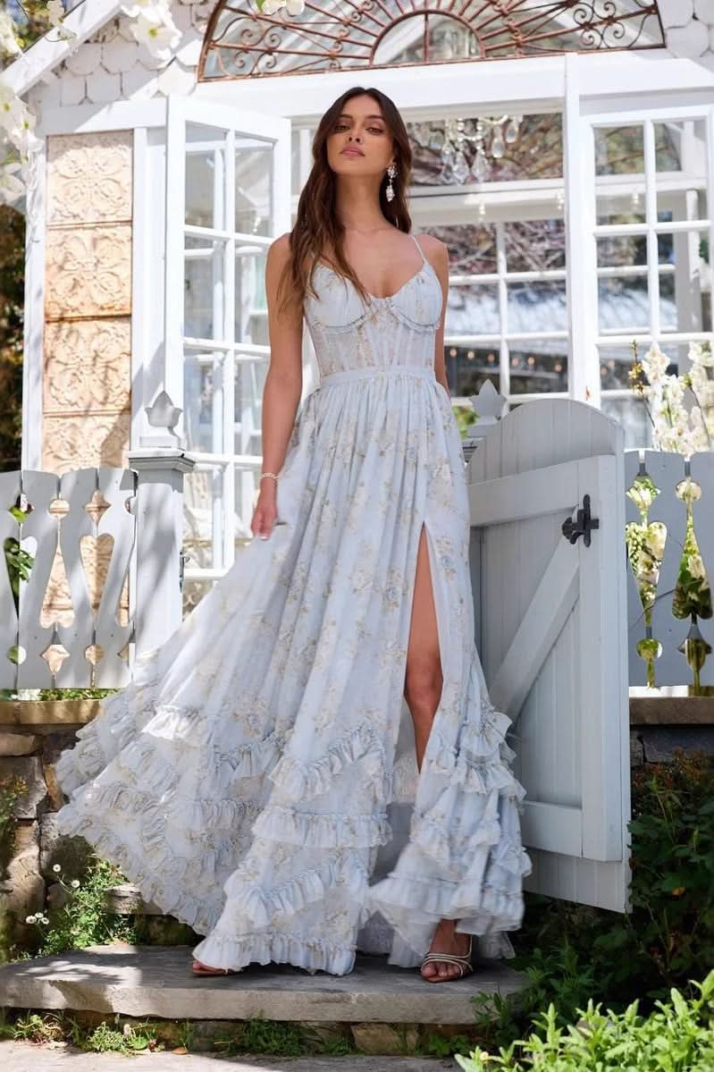 Harrow Elowen floral maxi dress for women, featuring a sweetheart neckline and flowing skirt, perfect for wedding guests.