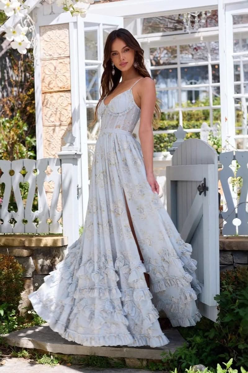 Harrow Elowen floral maxi dress for women, sweetheart neckline, perfect for wedding guests, with a romantic floral print.
