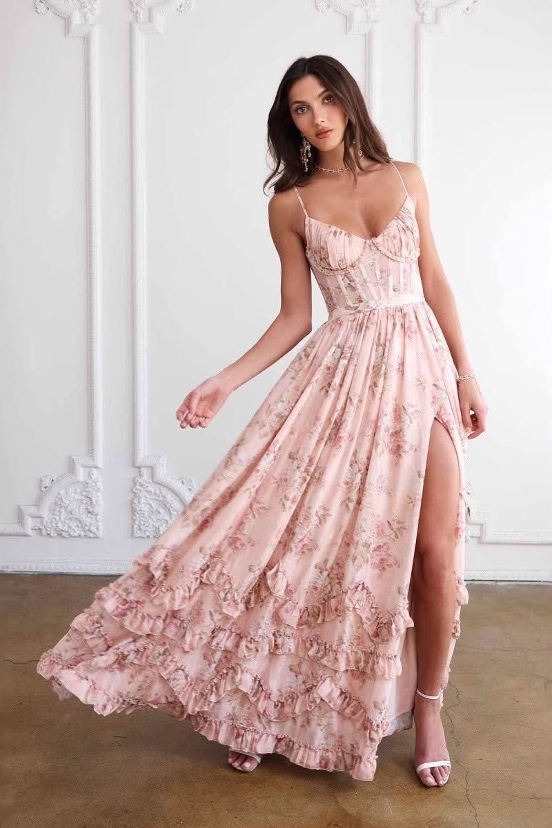 Harrow Elowen floral maxi dress for women, wedding guest gown with sweetheart neckline and flowing floral pattern.