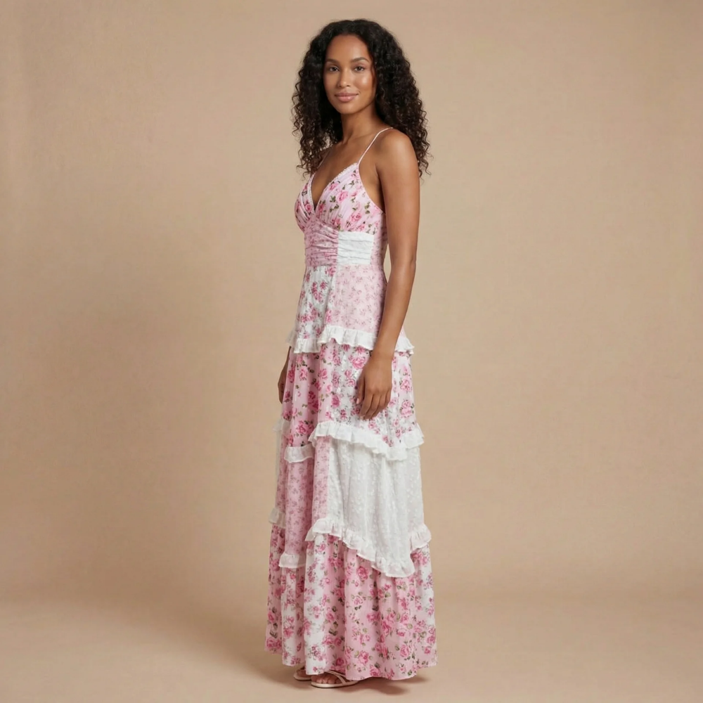 Women wearing the Harrow Esme floral maxi dress with V-neck, perfect for wedding guests, featuring a dreamy floral pattern.