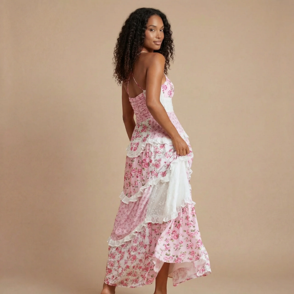 Harrow Esme floral maxi dress for women, V-neck design, elegant wedding guest gown with a dreamy floral pattern.