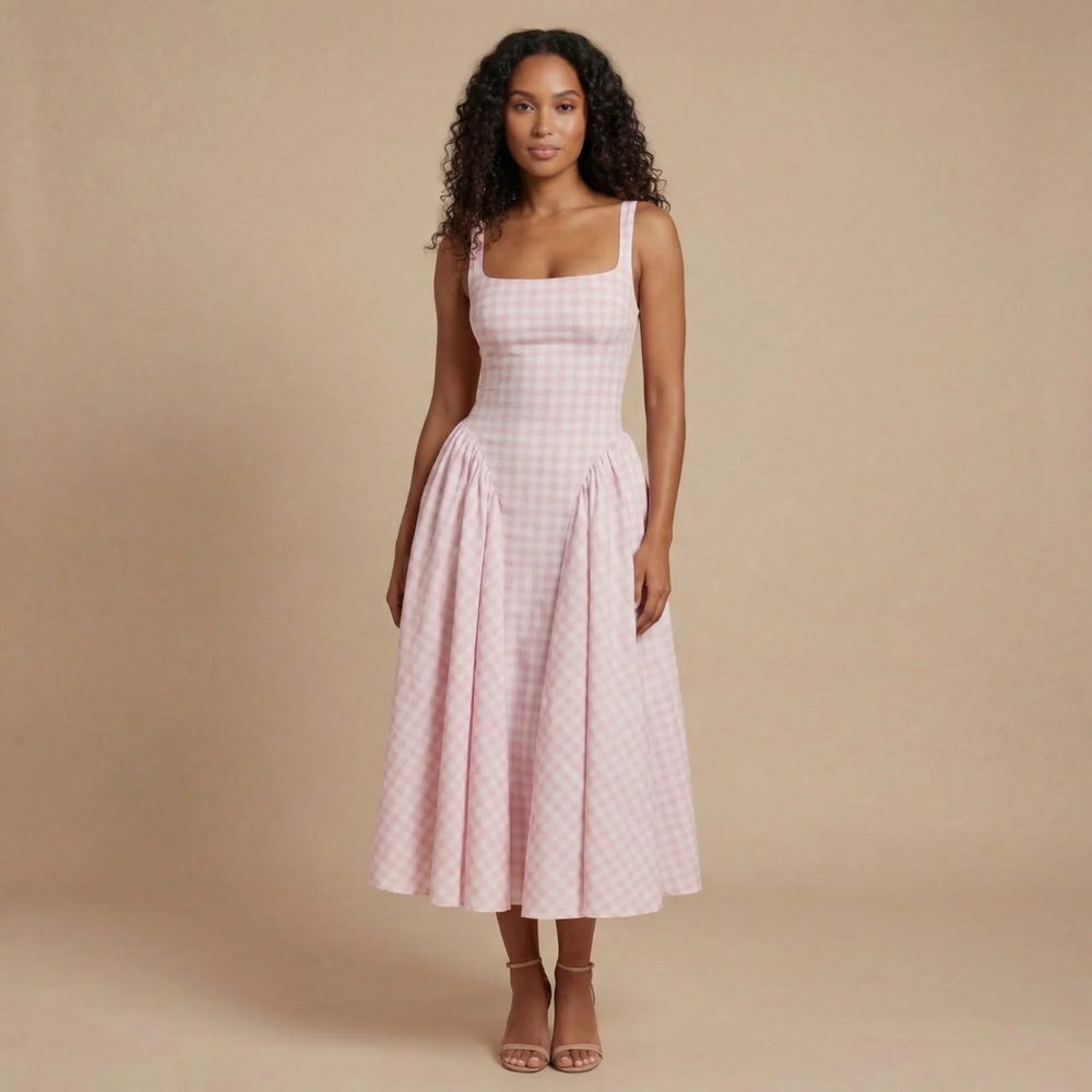 Harrow Fiona gingham midi dress for women, featuring a square neckline, perfect for wedding guests.