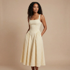 Women wearing the Harrow Fiona gingham midi dress with a square neckline, suitable for wedding guest attire.