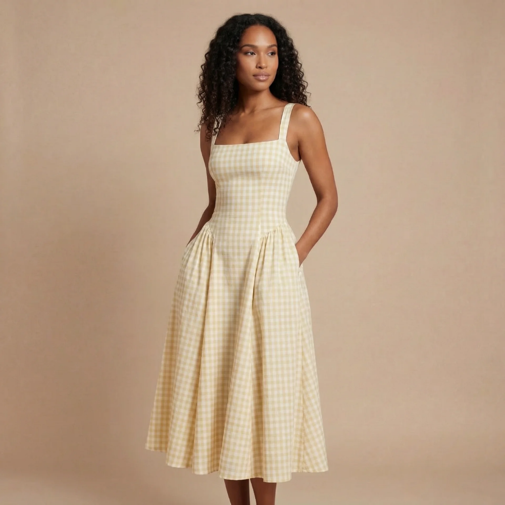 Women wearing the Harrow Fiona gingham midi dress with a square neckline, suitable for wedding guest attire.