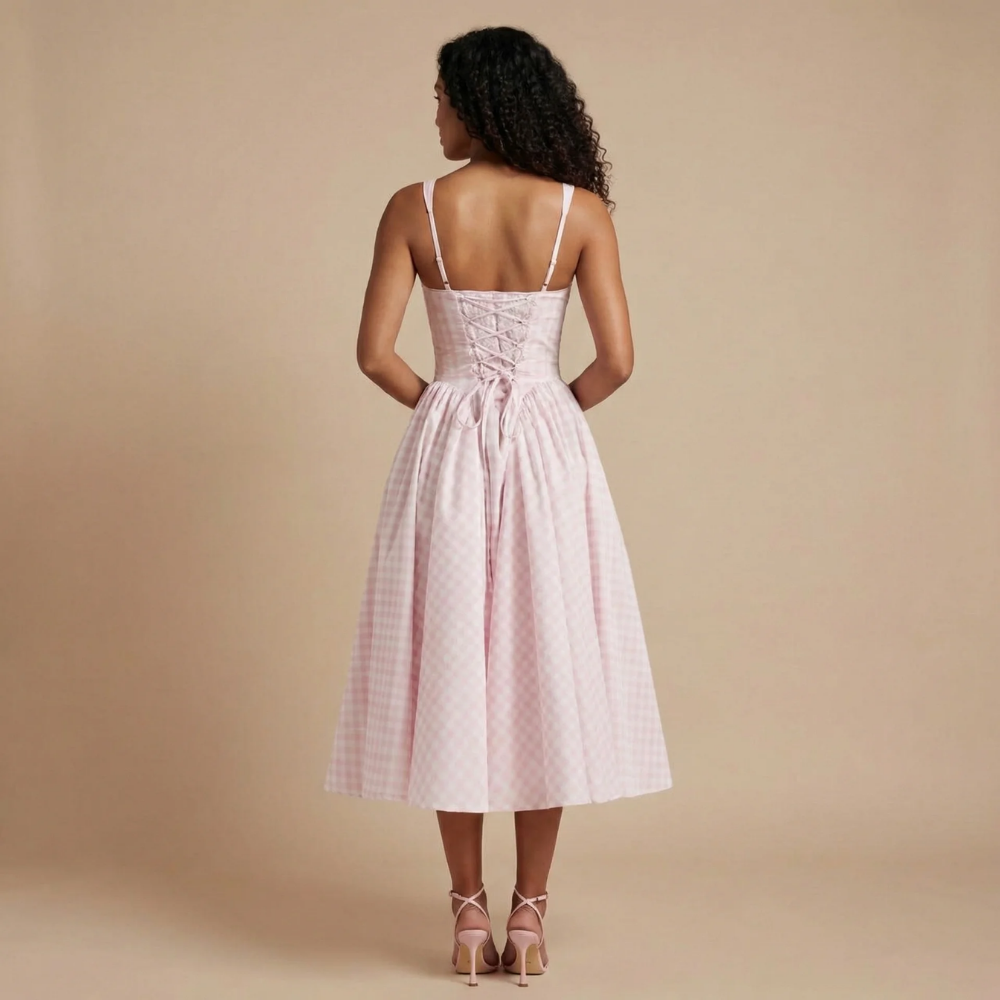 Harrow Fiona gingham midi dress for women, featuring a square neckline, perfect for wedding guests.