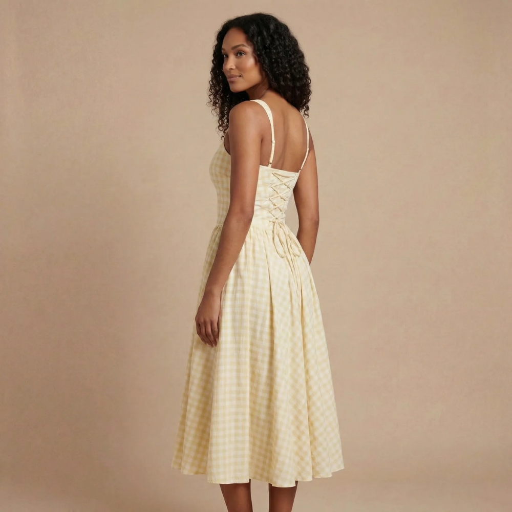 Women wearing the Harrow Fiona gingham midi dress with square neckline, perfect for wedding guest attire.