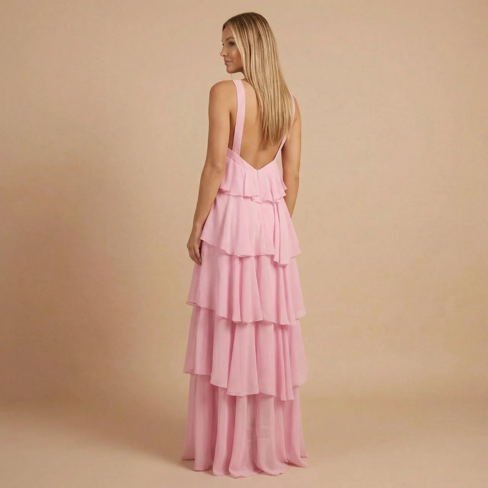 Harrow Fleur playful ruffle halter maxi dress for women, tiered design ideal for wedding guests, elegant and stylish.