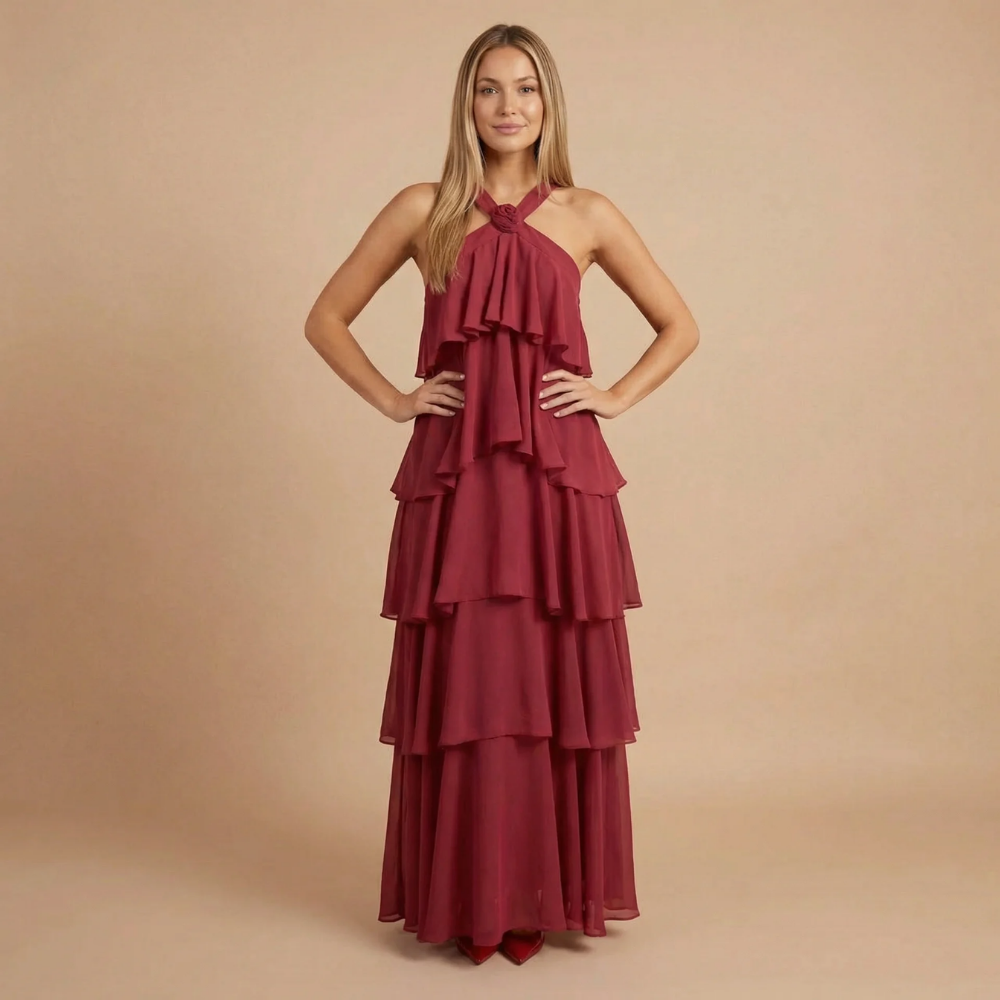Harrow Fleur playful ruffle maxi dress for women, featuring halter neckline and tiered design, perfect for wedding guests