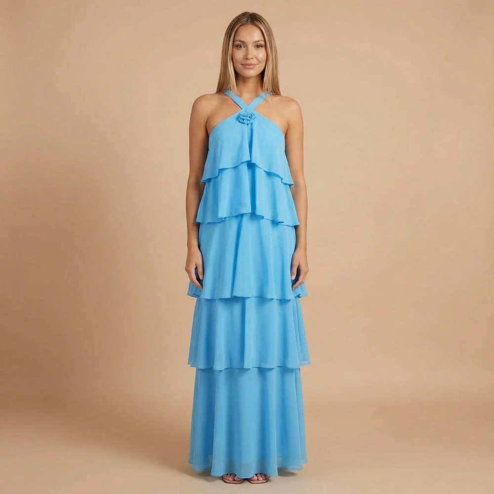 Harrow Fleur playful ruffle maxi dress for women, halter neckline with tiered design, perfect for wedding guests.
