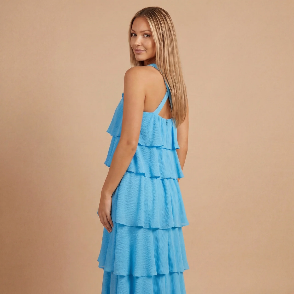 Harrow Fleur playful ruffle maxi dress for women, halter neckline and tiered design, perfect for wedding guests.