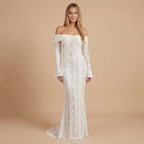 Women wearing the Harrow Genevieve elegant lace maxi dress, off-shoulder style, suitable for wedding guests.
