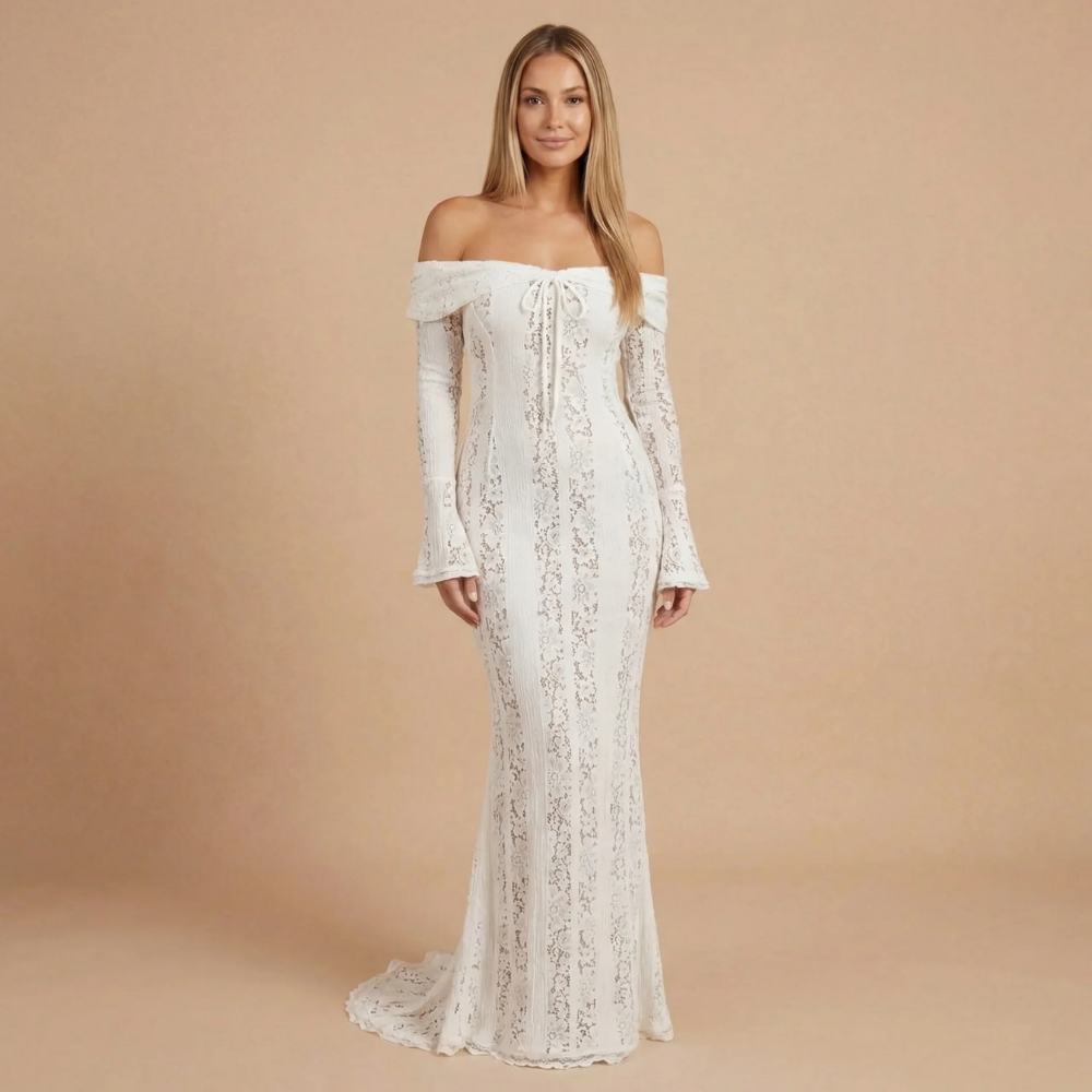 Women wearing the Harrow Genevieve elegant lace maxi dress, off-shoulder style, suitable for wedding guests.