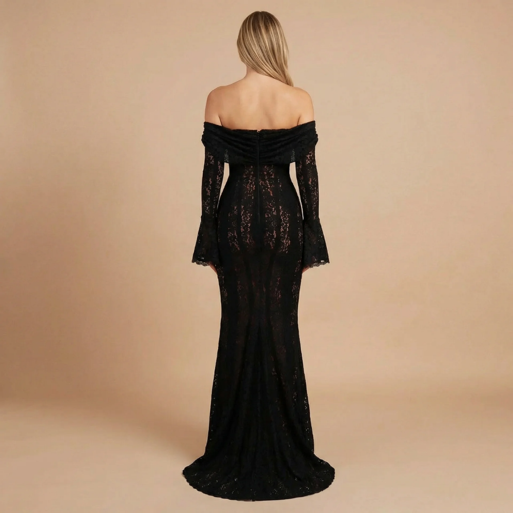 Elegant lace maxi dress for women, off-shoulder style, designed by Harrow, perfect for wedding guests.