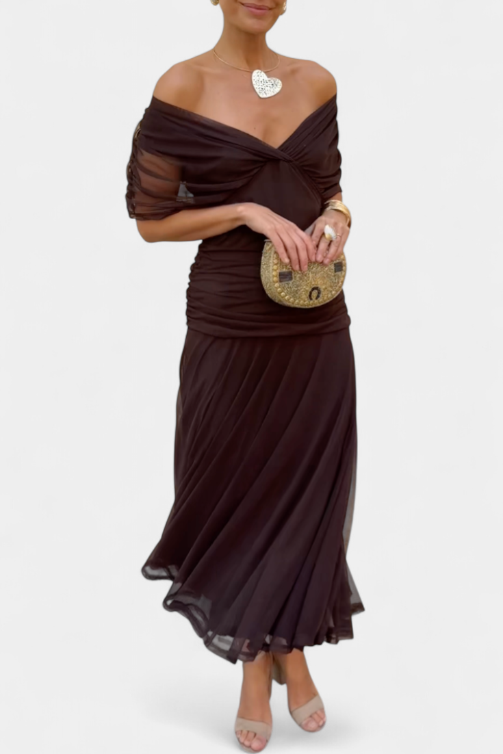 Harrow Georgia sleek ruched off-shoulder maxi dress for women, perfect as a wedding guest dress, featuring elegant bodycon style.