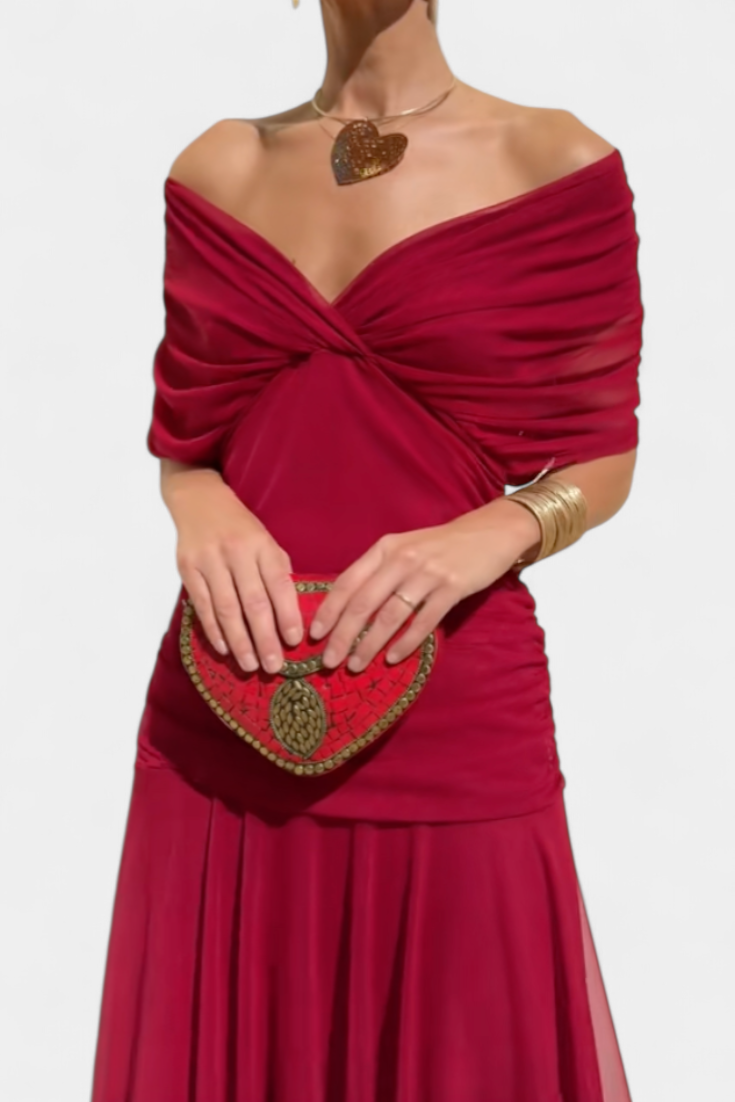 Harrow Georgia sleek ruched off-shoulder maxi dress for women, perfect as a wedding guest gown, featuring elegant fitted design.