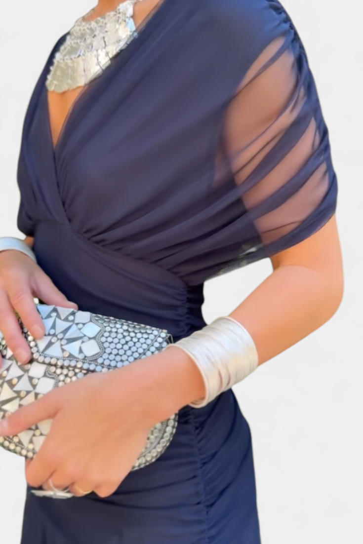 Harrow Georgia sleek ruched off-shoulder maxi dress for women, perfect for wedding guests, featuring elegant fitted design.