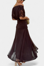 Harrow Georgia sleek ruched off-shoulder maxi dress for women, perfect for wedding guests, elegant and form-fitting design