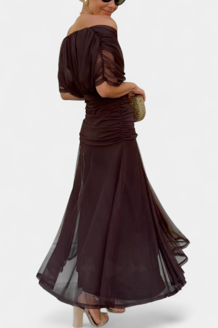 Harrow Georgia sleek ruched off-shoulder maxi dress for women, perfect for wedding guests, elegant and form-fitting design