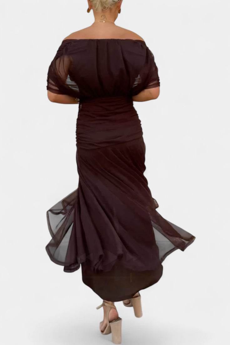 Harrow Georgia sleek ruched off-shoulder maxi dress for women, ideal for wedding guests with elegant fit and sophisticated style.