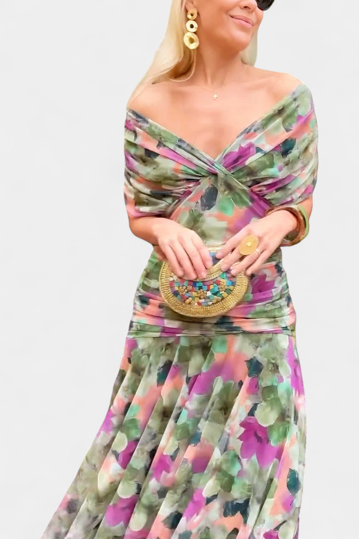 Harrow Georgia sleek off-shoulder ruched maxi dress for women, perfect for wedding guests, elegant and fitted style.