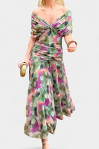 Harrow Georgia ruched off-shoulder maxi dress for women, elegant bodycon style perfect for wedding guests, black fabric.
