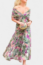 Harrow Georgia sleek ruched off-shoulder maxi dress for women, perfect for wedding guests, featuring a fitted bodycon style.