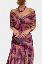Harrow Georgia sleek ruched off-shoulder maxi dress for women, perfect for wedding guests, featuring elegant fitted design.