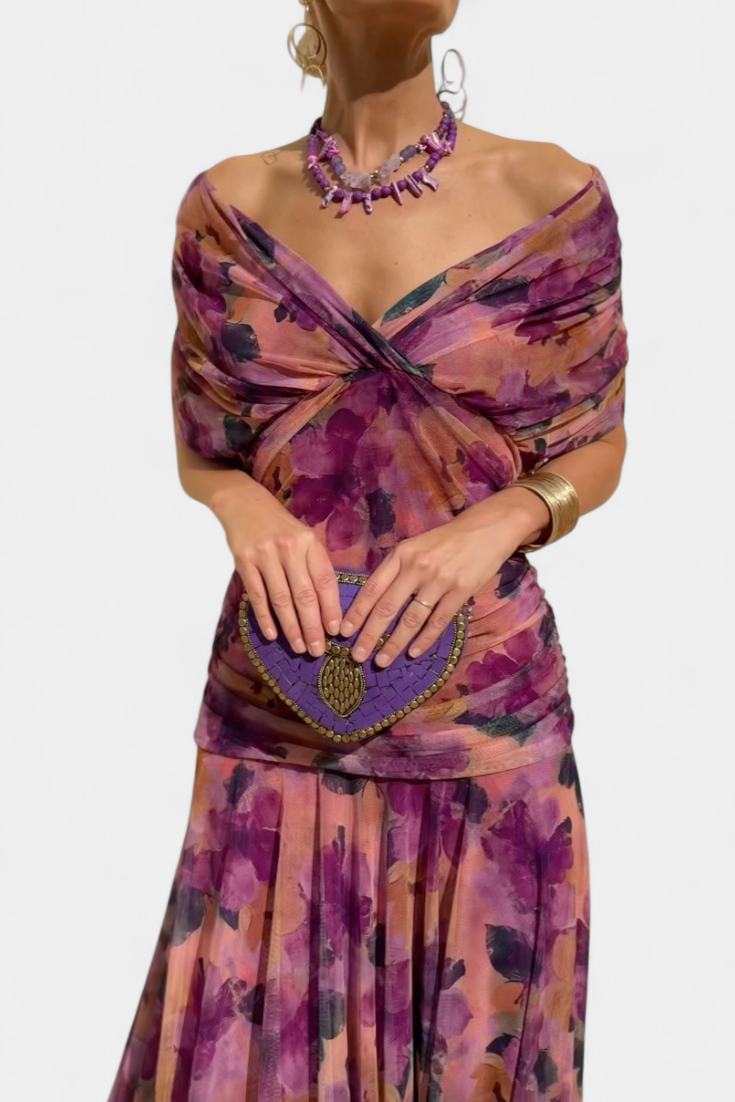 Harrow Georgia sleek ruched off-shoulder maxi dress for women, perfect for wedding guests, featuring elegant fitted design.