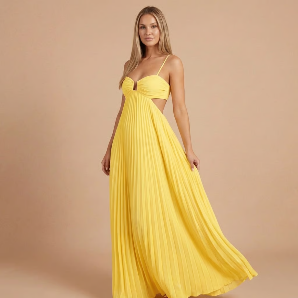 Elegant women’s pleated halter maxi dress by Harrow, perfect for wedding guests, featuring flowing fabric and sophisticated design.