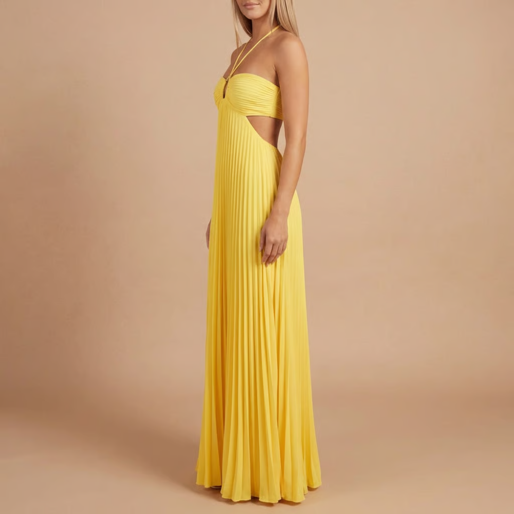 Elegant halter maxi dress by Harrow featuring pleated design, perfect for women attending weddings as a stylish guest.