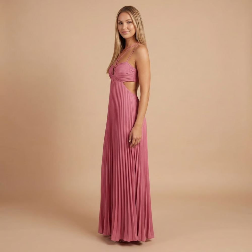 Harrow Gloria elegant pleated maxi dress for women, halter neck design ideal for wedding guests, flowing fabric and sophisticated style
