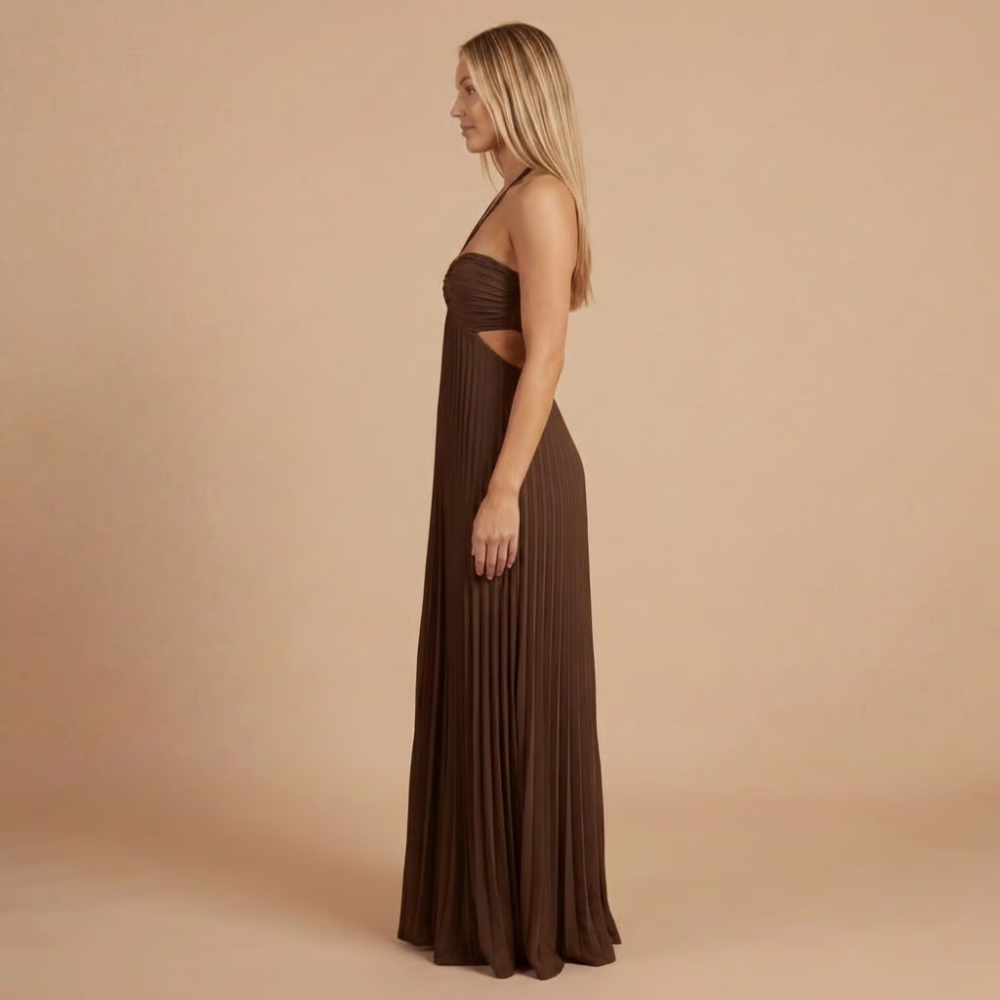 Elegant halter-neck pleated maxi dress by Harrow, perfect for women attending weddings as a stylish guest.